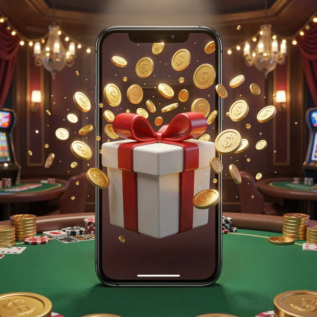 9V9 mobile casino bonus app concept showing a phone screen with a gift box and coins bursting out in a festive casino atmosphere, premium 3D illustration
