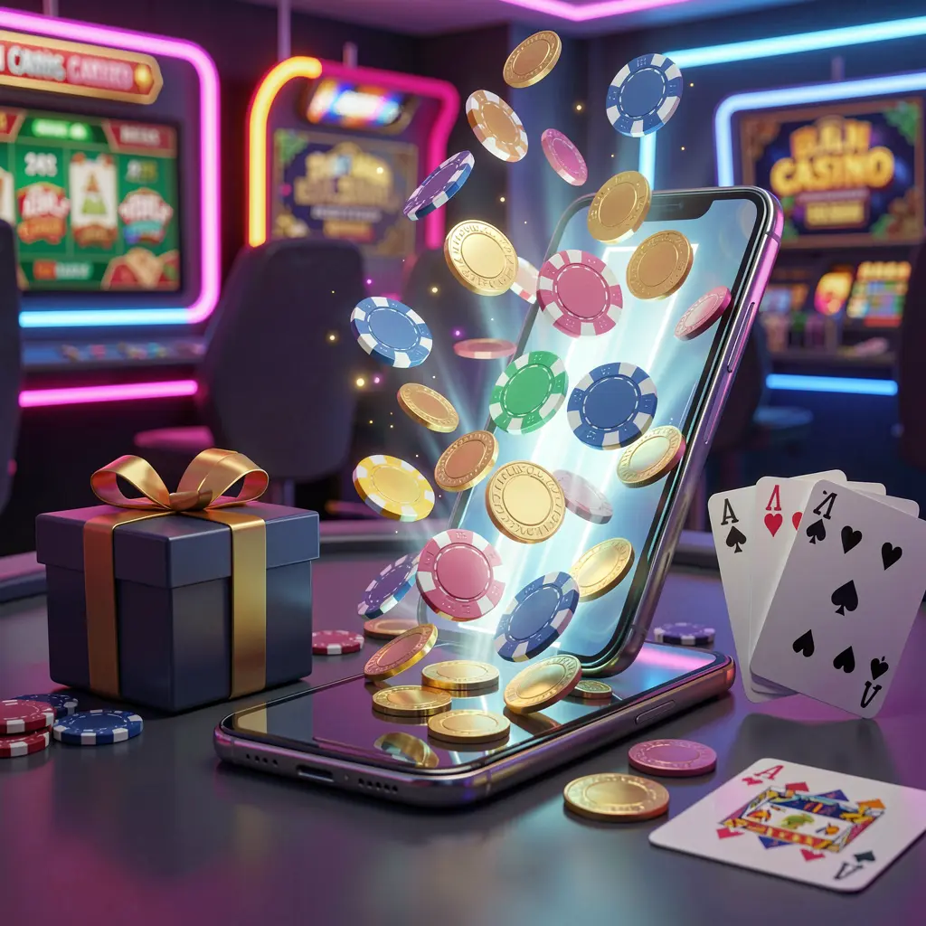 9V9 mobile casino bonus scene with a modern smartphone displaying glowing casino chips and coins emerging from the screen, surrounded by a gift box and playing cards in a bright neon casino atmosphere