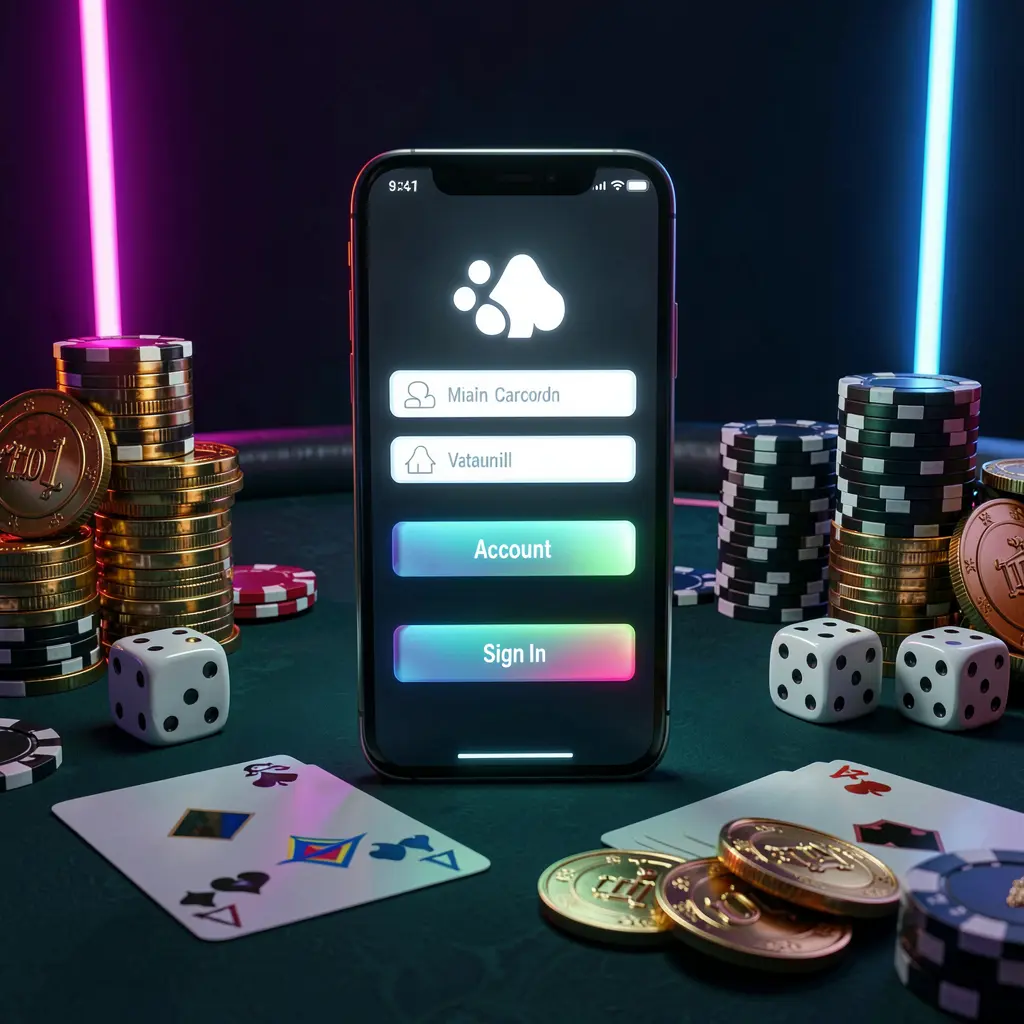 9V9 casino account sign in scene with a glowing smartphone on a casino table surrounded by cards, chips, dice, and gold coins against an elegant dark background with neon highlights
