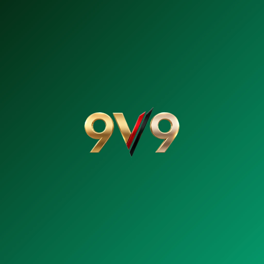 Luxury casino logo for 9V9 featuring rich gold gradient text with red and black accents, elegant lights, and a high-end entertainment style in a wide horizontal rectangular wordmark on a transparent background