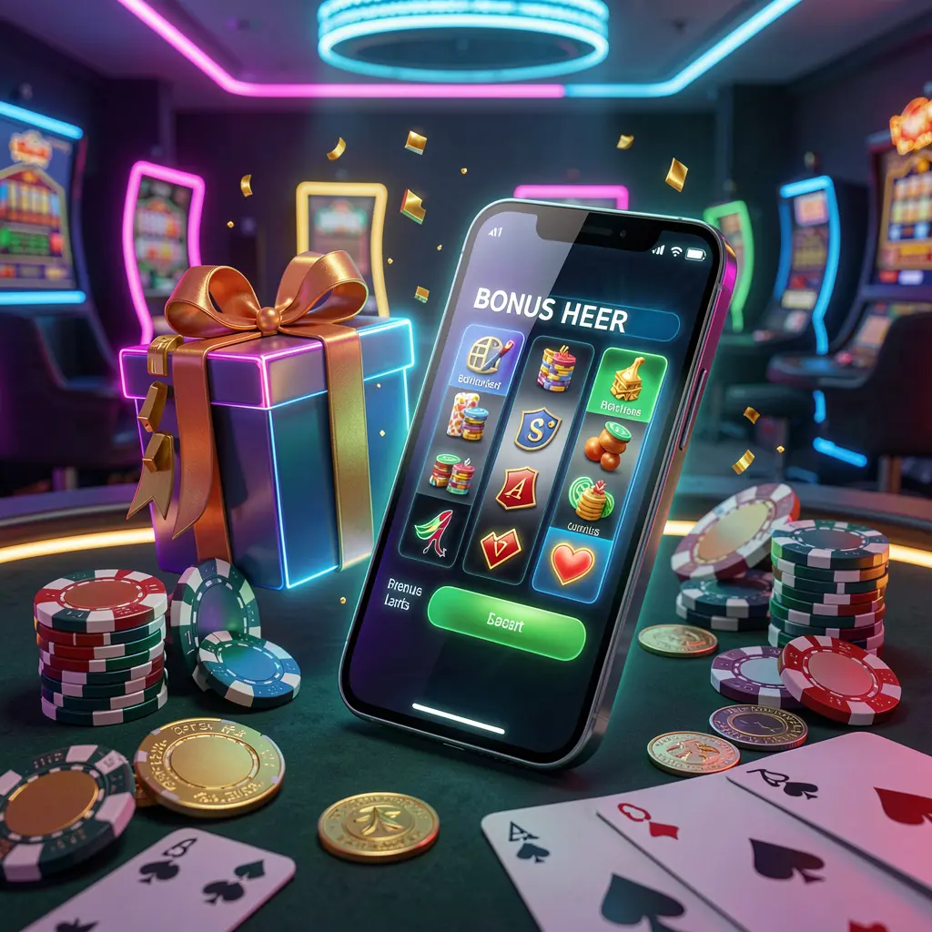 Modern casino website hero scene featuring a smartphone with a glowing interface surrounded by bonus gift box, chips, coins, and playing cards in a premium neon casino style, showcasing 9V9's responsible gaming theme